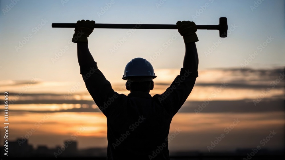 Poster the dark silhouette of a worker lifting a tool towards the dawns early light portraying the blend of