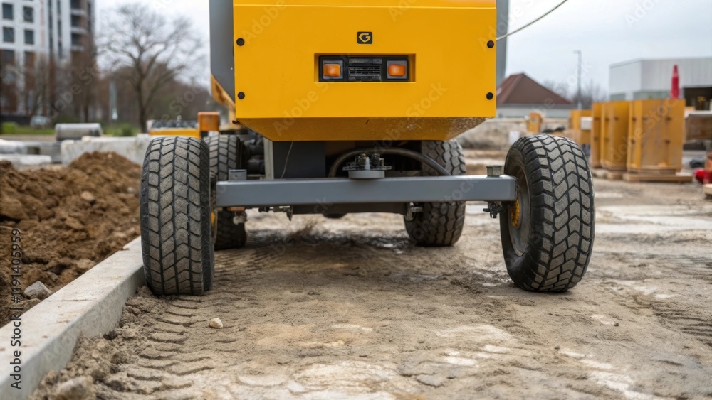 Poster the concrete pumps robust chassis anchors it on uneven terrain while its rubber tires grip the groun