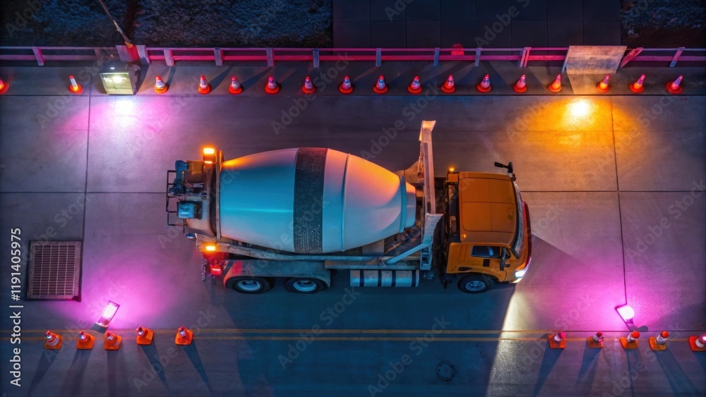 Poster The drones camera focuses on a concrete mixer its rotating barrel catching the light while nearby fixtures and safety cones create a vibrant palette of colors in the nighttime
