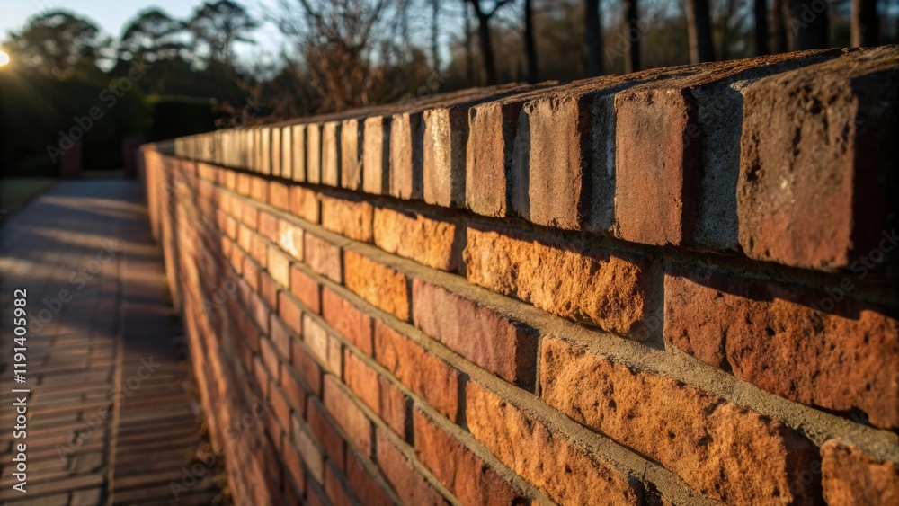 Aufkleber The edge of a weathered brick wall is illuminated by afternoon light showcasing the rough texture and rich colors of the bricks while casting elongated shadows on the surface