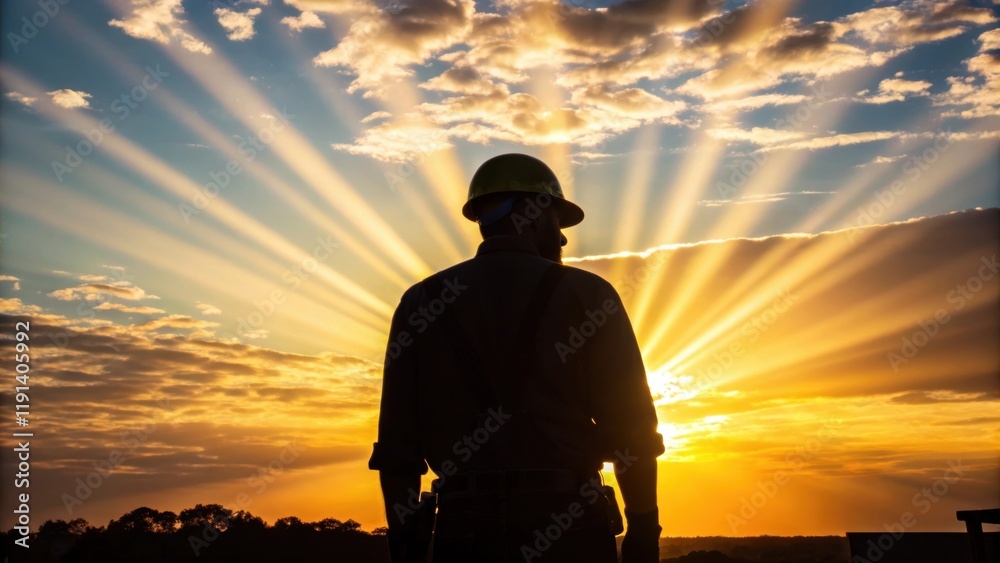 Poster The figure of a laborer is outlined against a vibrant sunrise with rays of light streaming through the gaps in their attire illustrating the transition from night to day and the
