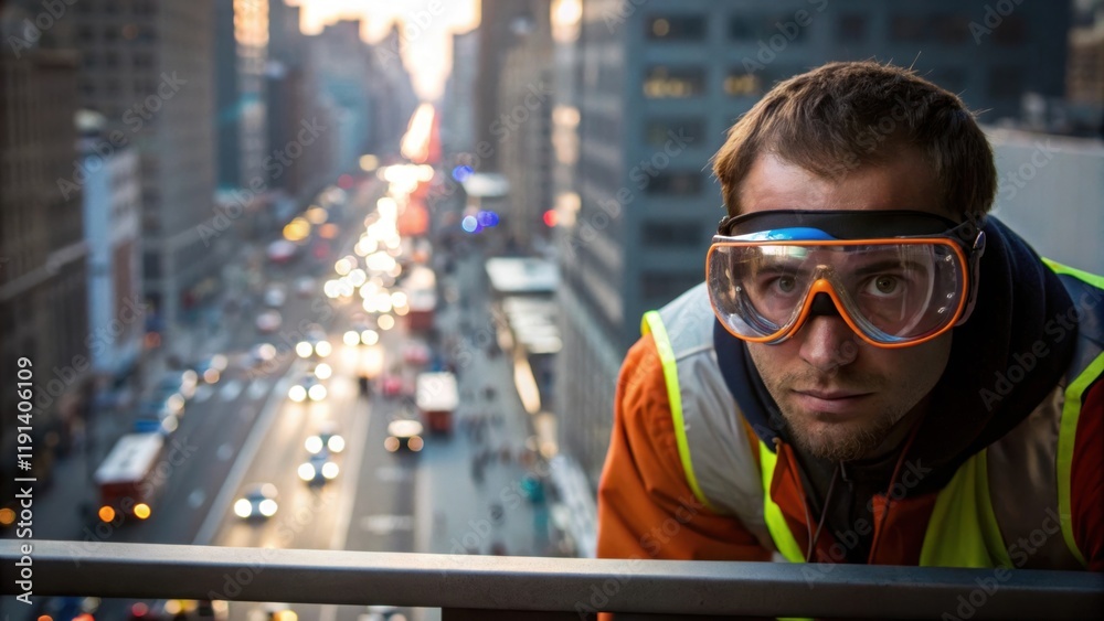 Poster the glint of sunlight reflects off the safety goggles perched on the workers nose as they lean sligh