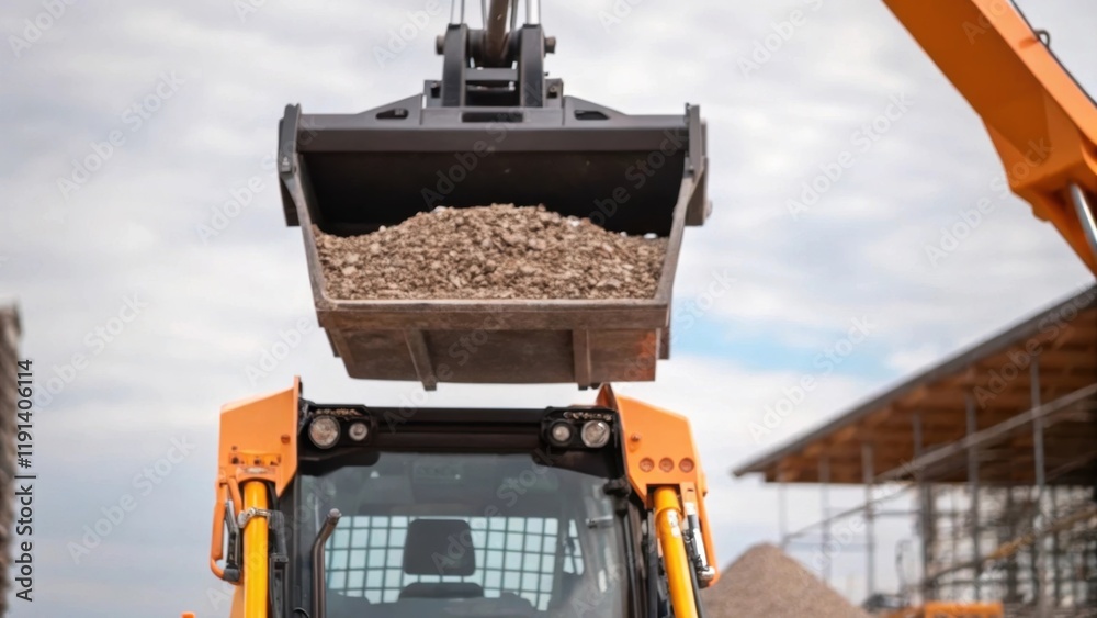 Poster The hydraulic arm of a skid steer loader is depicted in action lifting a bucket filled with gravel emphasizing the machines strong lifting capability and versatility in
