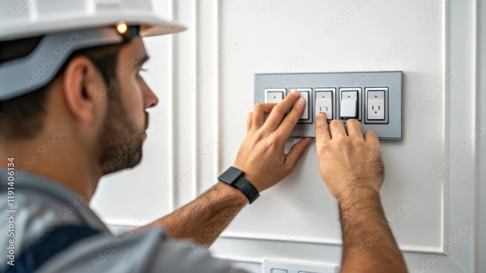 Poster The image captures the intricate work of a worker installing dimmer switches showcasing their hands positioned thoughtfully over a sleek control panel against a backdrop of freshly