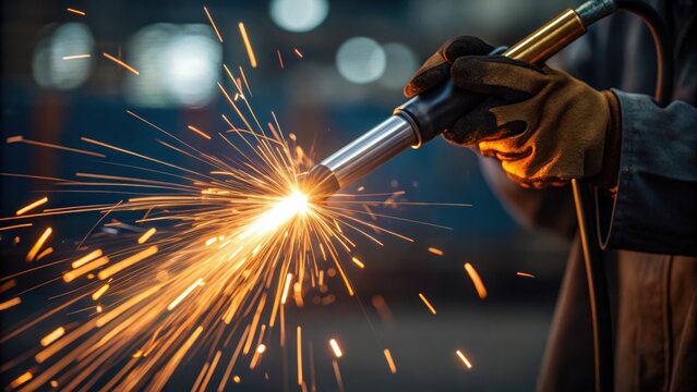 The image captures a focused welders hand gripping the torch firmly with molten sparks cascading around showcasing the intensity and skill involved in the ting process.