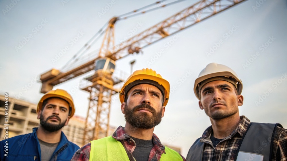 Poster their expressions focused and determined while appearing small against the towering crane overhead.
