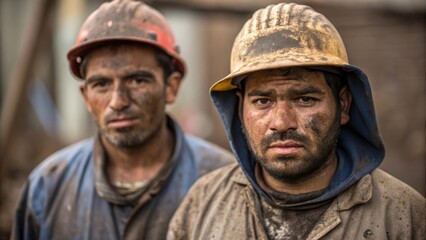 The medium closeup captures the workers flushed from exertion with dirt and grime accentuating their features reflecting the grit and hard work required in their role.