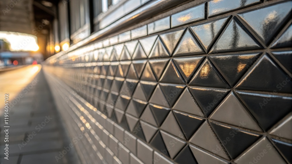 Poster The reflective quality of glossy tiles is captured in a closeup where light creates shimmering highlights on the edges drawing attention to the sleek finish and geometric patterns.