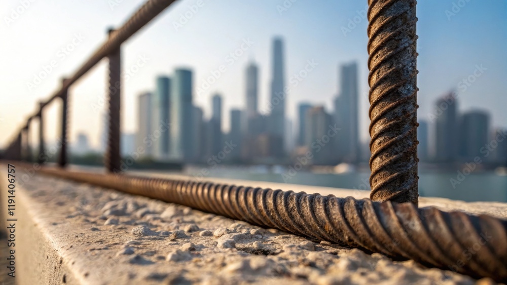Poster The rough texture of rebar contrasts with the clean lines of the city skyline in soft focus behind
