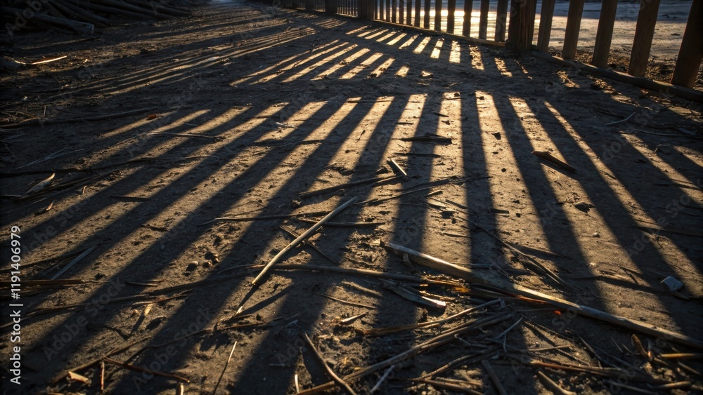 Aufkleber The sun casts long angular shadows of the skeletal frame onto the ground creating a visual tapestry of light and dark lines weaving around debris.