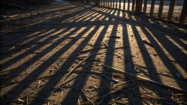 The sun casts long angular shadows of the skeletal frame onto the ground creating a visual tapestry of light and dark lines weaving around debris.