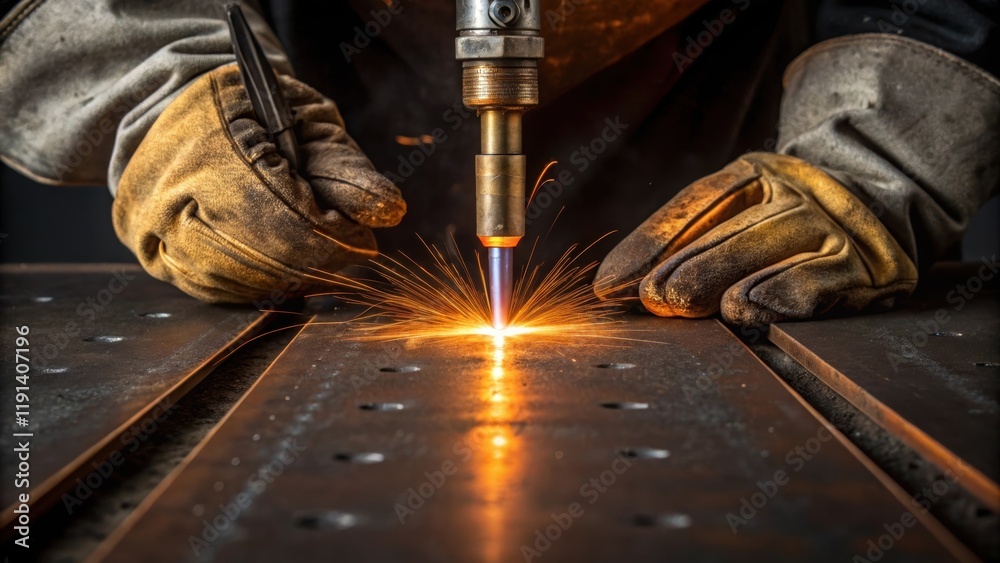 Aufkleber the welding torch nozzle emits a concentrated flame melting the edges of two steel plates while the 