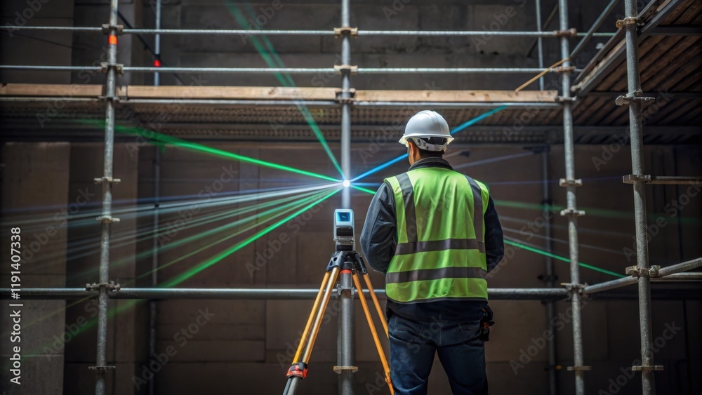 Poster The worker stands poised adjusting the scanners angle while surrounded by scaffolding the laser beam creating a web of light reflecting off building materials accentuating the