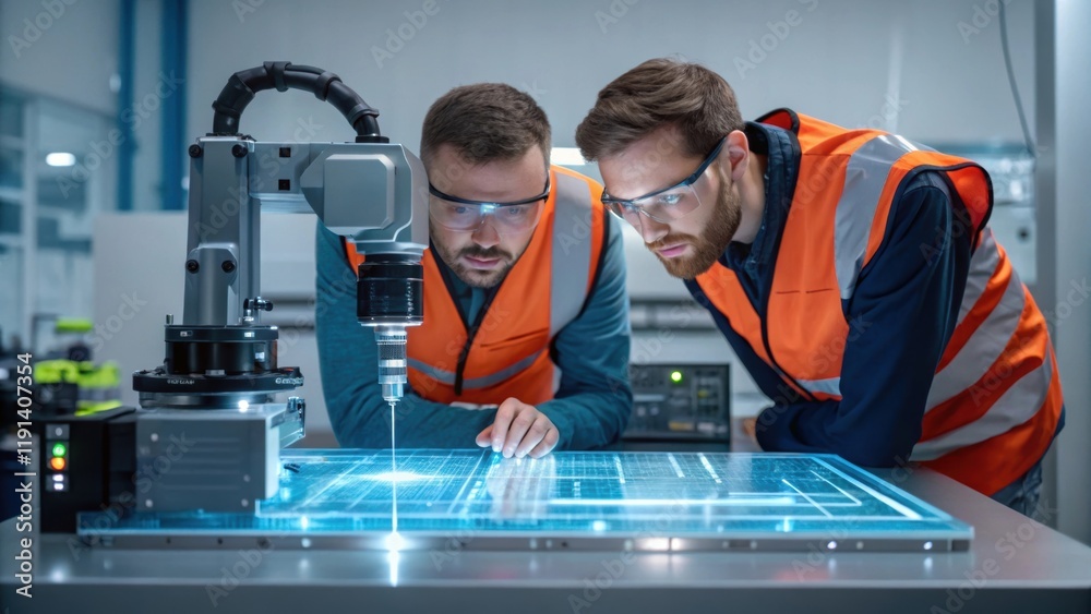 Aufkleber Two technicians focus intently on a holographic display that projects 3D blueprints while a robotic device makes intricate s on a piece of metal demonstrating seamless humanmachine