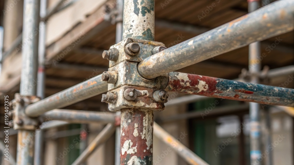 Aufkleber urban transformation a closeup of a section of scaffolding with welded joints and layers of paint ch