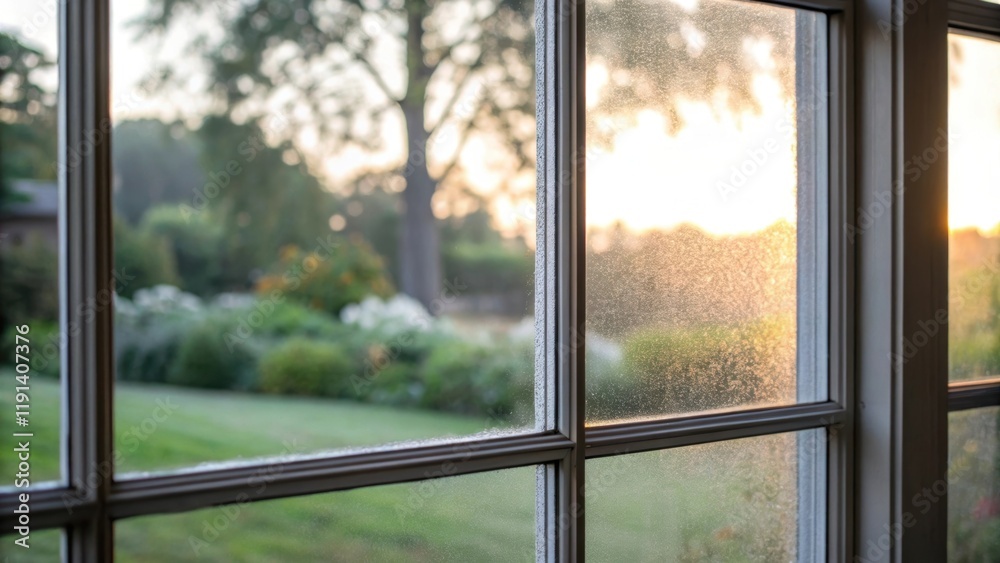Poster Up close the frosted glass of a contemporary window diffuses soft morning light creating a serene atmosphere while hinting at the tranquil garden outside.