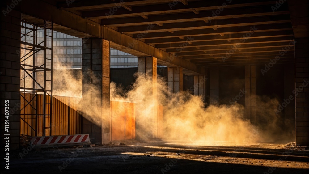 Leinwandbilder warm light envelops a section of the construction site with wisps of smoke mingling in the air trans