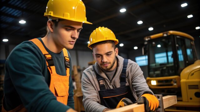 Two apprentices one demonstrating a construction technique while the other observes intently emphasize mentorship and handson learning in a welllit workshop environment filled with
