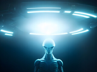 Alien being with mothership spacecraft glowing lights ufo upa