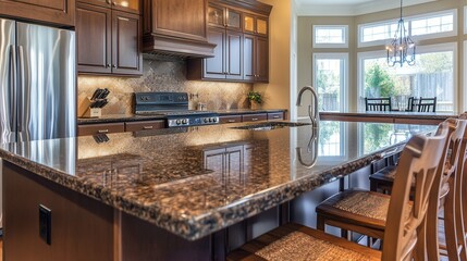 Elegant modern kitchen with granite countertops and wooden cabinets in sunlit room.