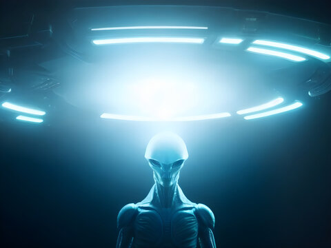 Alien being with mothership spacecraft glowing lights ufo upa