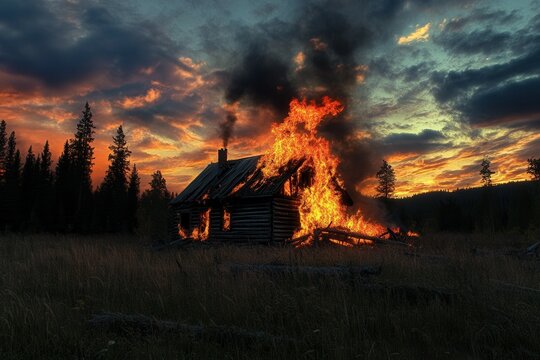 Abandoned cabin ablaze in dramatic sunset landscape.