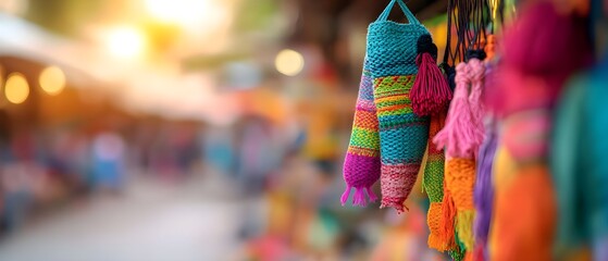 Colorful Handcrafted Knit Scarves on Display in Outdoor Market Setting