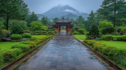 Obraz premium Serene Japanese Garden with Mountain View