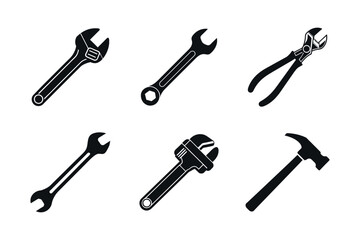 set of tools icon.  silhouette of alabor day element hammer, Wrench, Pipe Wrench, Plier and Open end wrench black color simple clean vector illustration on a white background