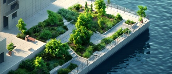 Urban Green Space with Lush Vegetation and Modern Architectural Elements