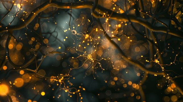 Captivating macro image of vibrant neurons with sparkling synaptic connections on black background