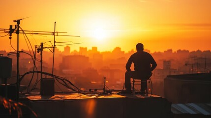 Fototapeta premium Silhouette person rooftop sunset city view antennas.