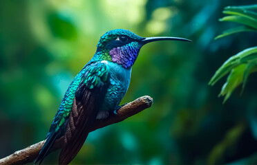 Obraz premium Hummingbird sitting on a branch with leaves. The bird is green and purple, with a long beak. Concept of tranquility and natural beauty as the bird is in its natural habitat, Close-up. Generative AI.