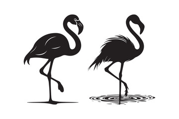 Flamingo Silhouette Illustration with Water Ripples and Graceful Pose
