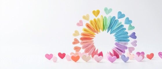 Obraz premium Colorful Heart Shapes in Rainbow Arrangement on White Background for Creative and Romantic Projects