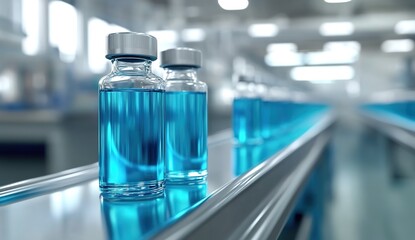 Vials of blue liquid on a conveyor belt in a modern medical factory, an AI technology concept.