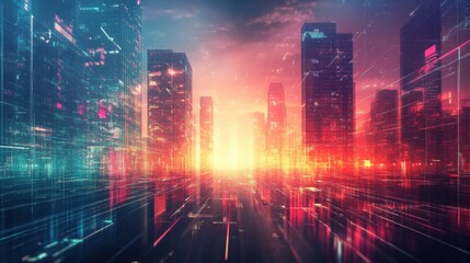 Fototapeta premium Futuristic Cityscape at Sunset Digital Art