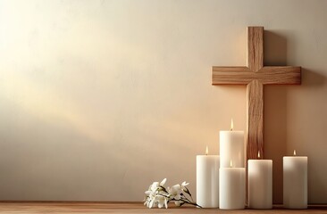 Wooden cross and white candles on a beige wall background