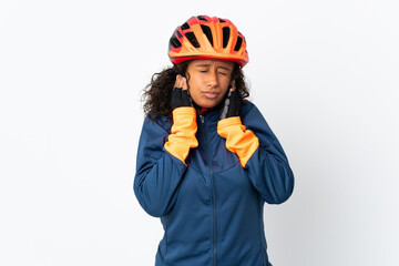 Teenager cyclist woman isolated on white background frustrated and covering ears