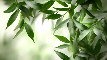 Fototapeta premium Lush green leaves frame a blurred garden background, perfect for nature-themed designs or wellness products