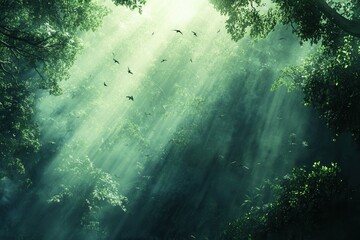 Obraz premium Sunlit jungle canopy with birds soaring amidst tall lush green trees.