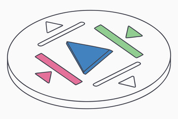 Minimalist icon design, circular play button, blue arrow, green triangle, pink rectangle, simple geometric shapes, flat color palette, rounded edges, clean lines, modern app interface, playful color s