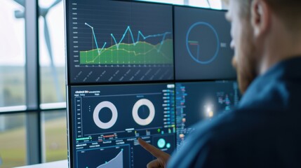 A close-up of a renewable energy analyst reviewing data from wind farm turbines in a renewable energy control center, with wind turbines and renewable energy dashboards visible