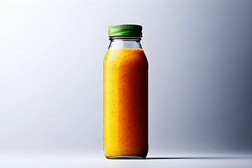 Freshly Squeezed Orange Juice in Glass Bottle with Green Lid on Background