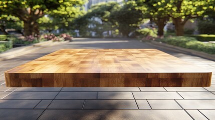 City park wood display, product showcase, sunny day