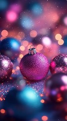 Obraz premium Beautiful Christmas background with glitter and ornaments, in shades of pink, blue, and purple, with a blurred background