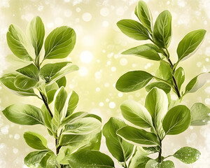 Lush green leaves, springtime freshness, soft light bokeh background, nature photography for spring designs