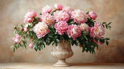 Fototapeta premium Peonies in Urn with Vintage Representation for Classical Still-Life Against a Muted Background 