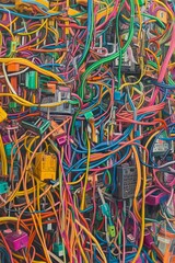 Fototapeta premium Colorful tangled wires and electronic components.