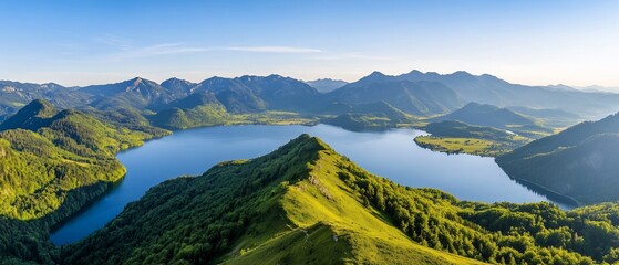 Fototapeta premium Alpine lake panorama, sunrise, mountain vista, nature wallpaper